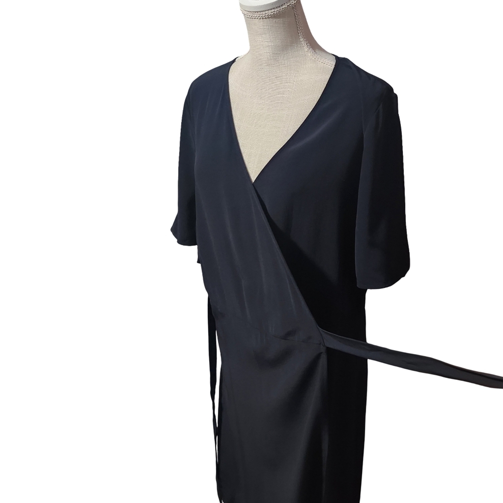 EILEEN FISHER Black Wrap Dress Womens Size 14 Tencel Short Sleeve Midi Minimal - Picture 4 of 14
